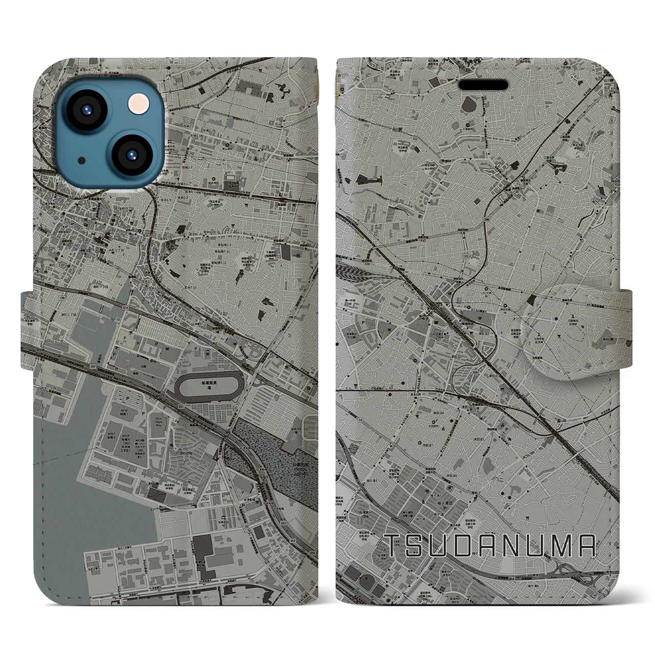 【津田沼(千葉県)】地図柄iPhoneケース(手帳タイプ)モノトーン・iPhone 13 用