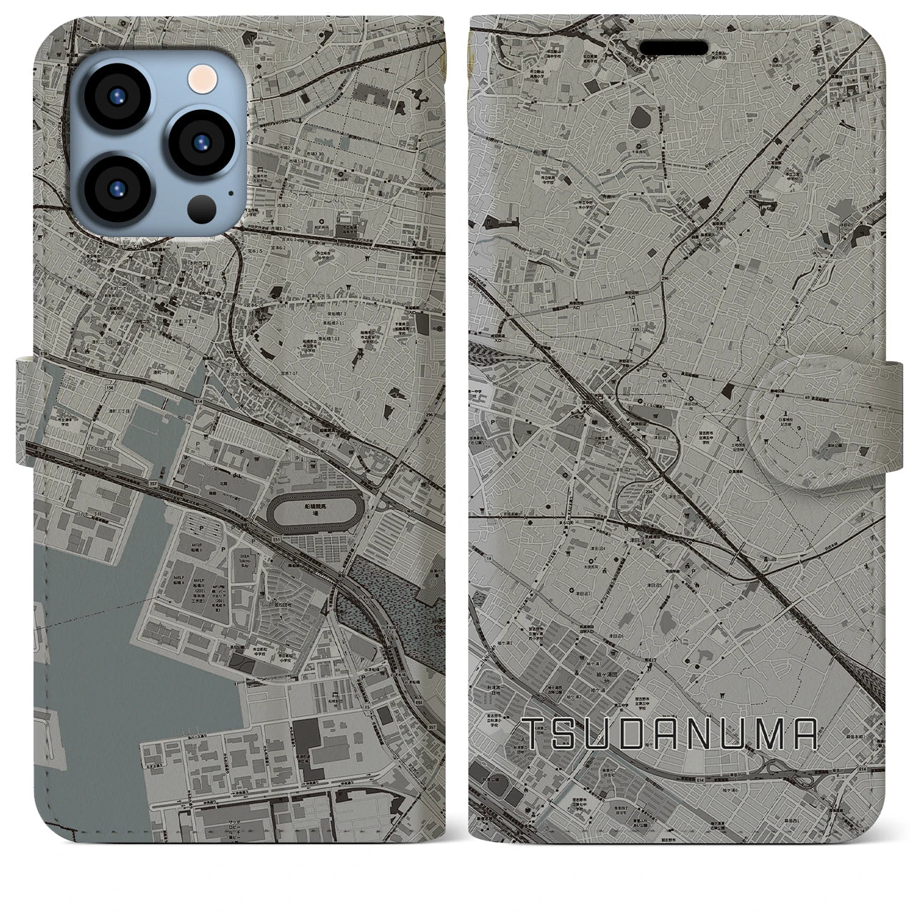 【津田沼(千葉県)】地図柄iPhoneケース(手帳タイプ)モノトーン・iPhone 13 Pro Max 用