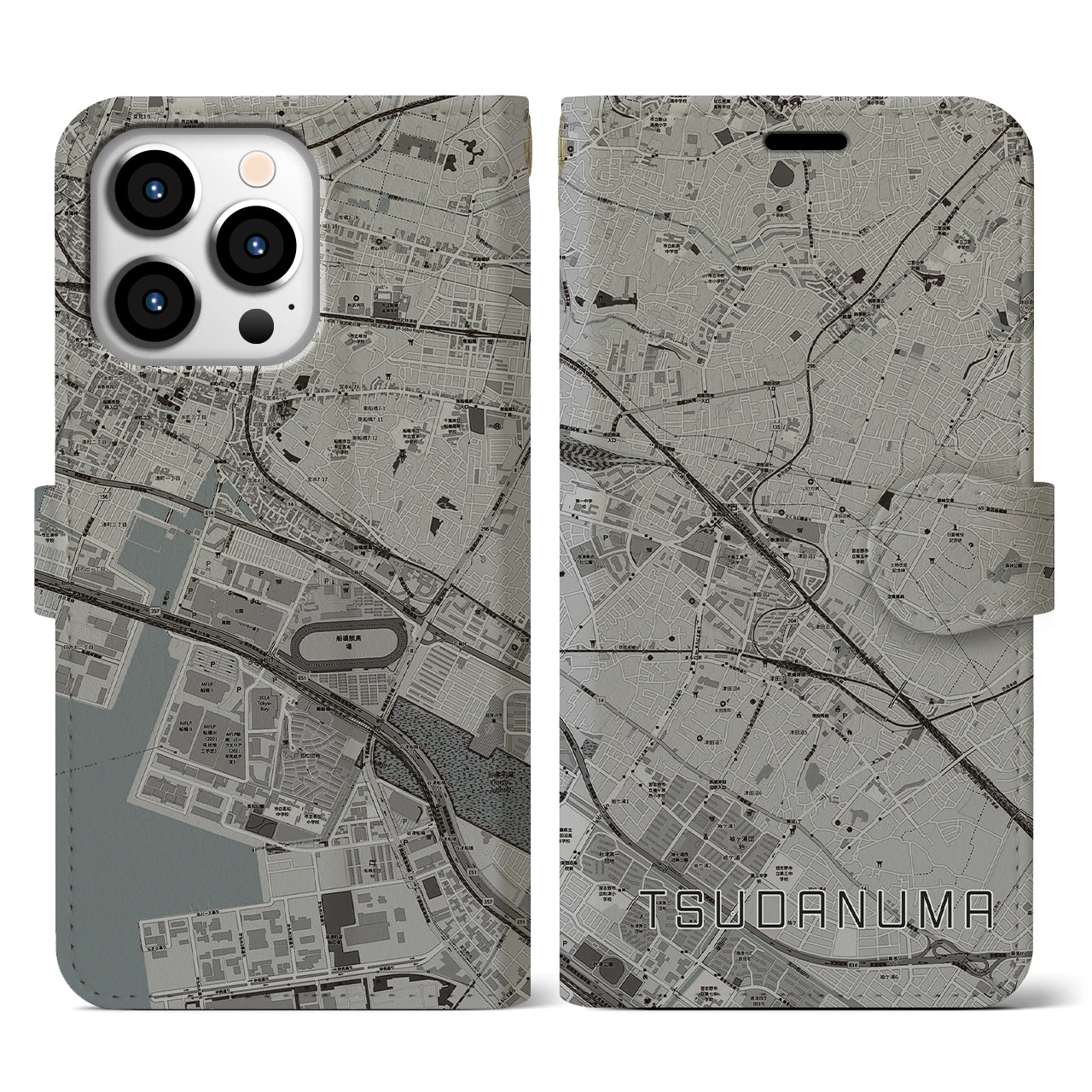 【津田沼(千葉県)】地図柄iPhoneケース(手帳タイプ)モノトーン・iPhone 13 Pro 用