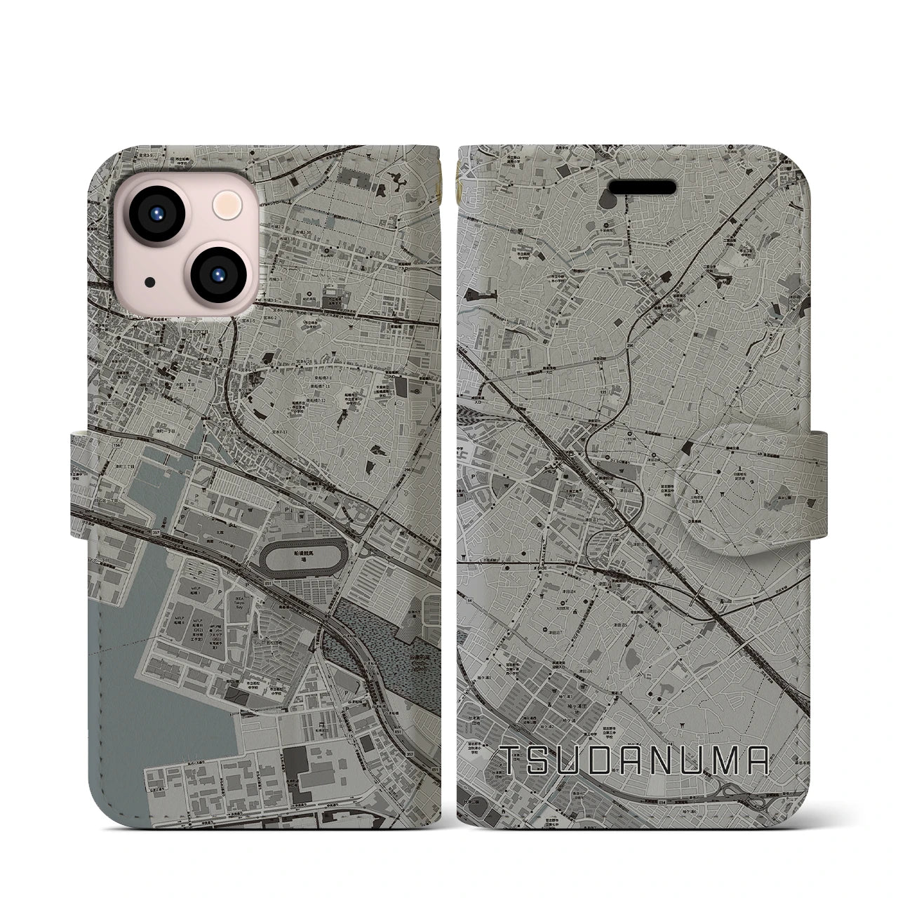 【津田沼(千葉県)】地図柄iPhoneケース(手帳タイプ)モノトーン・iPhone 13 mini 用