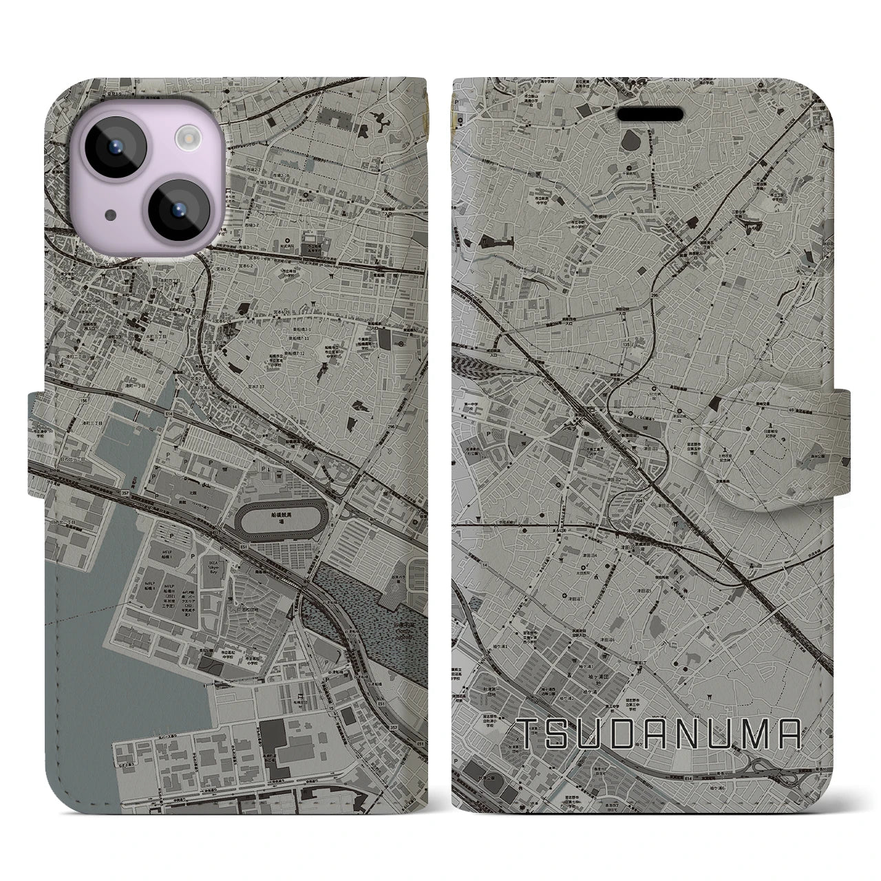 【津田沼(千葉県)】地図柄iPhoneケース(手帳タイプ)モノトーン・iPhone 14 用