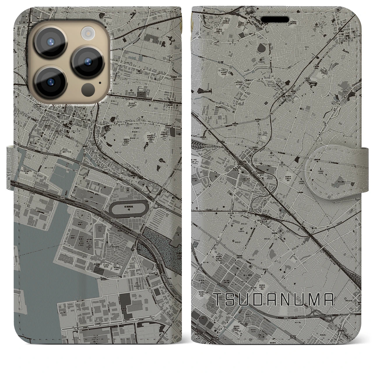 【津田沼(千葉県)】地図柄iPhoneケース(手帳タイプ)モノトーン・iPhone 14 Pro Max 用