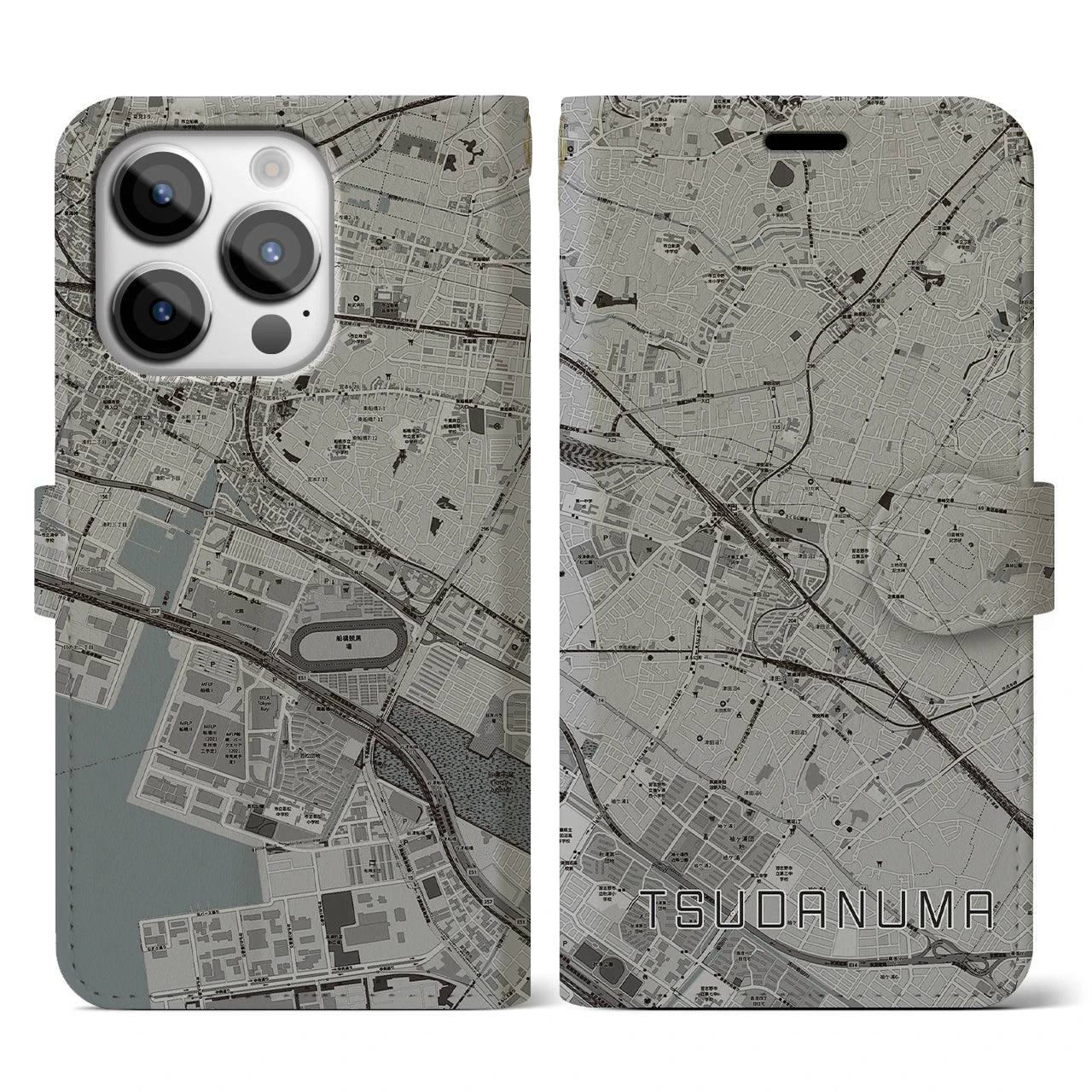 【津田沼(千葉県)】地図柄iPhoneケース(手帳タイプ)モノトーン・iPhone 14 Pro 用