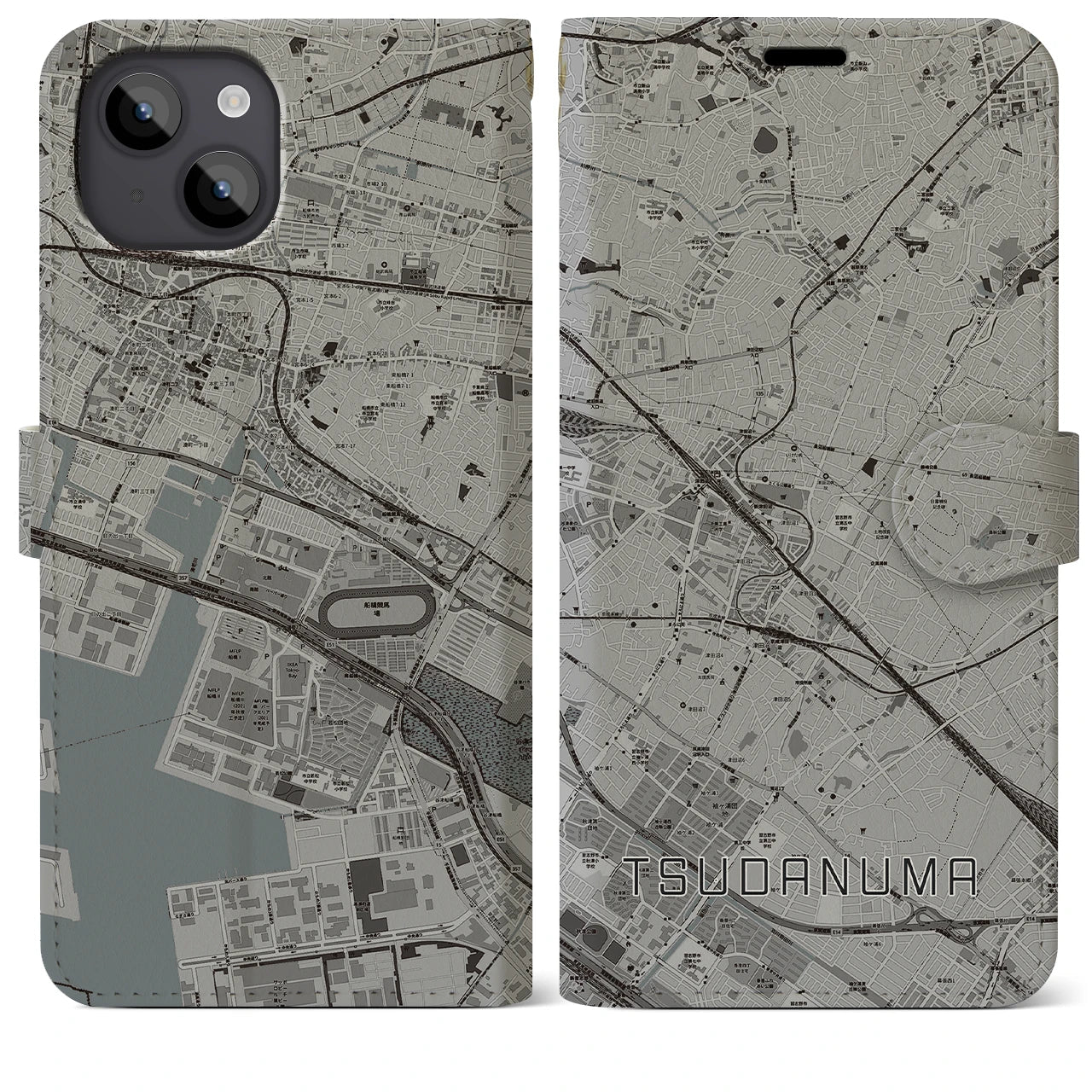 【津田沼(千葉県)】地図柄iPhoneケース(手帳タイプ)モノトーン・iPhone 14 Plus 用
