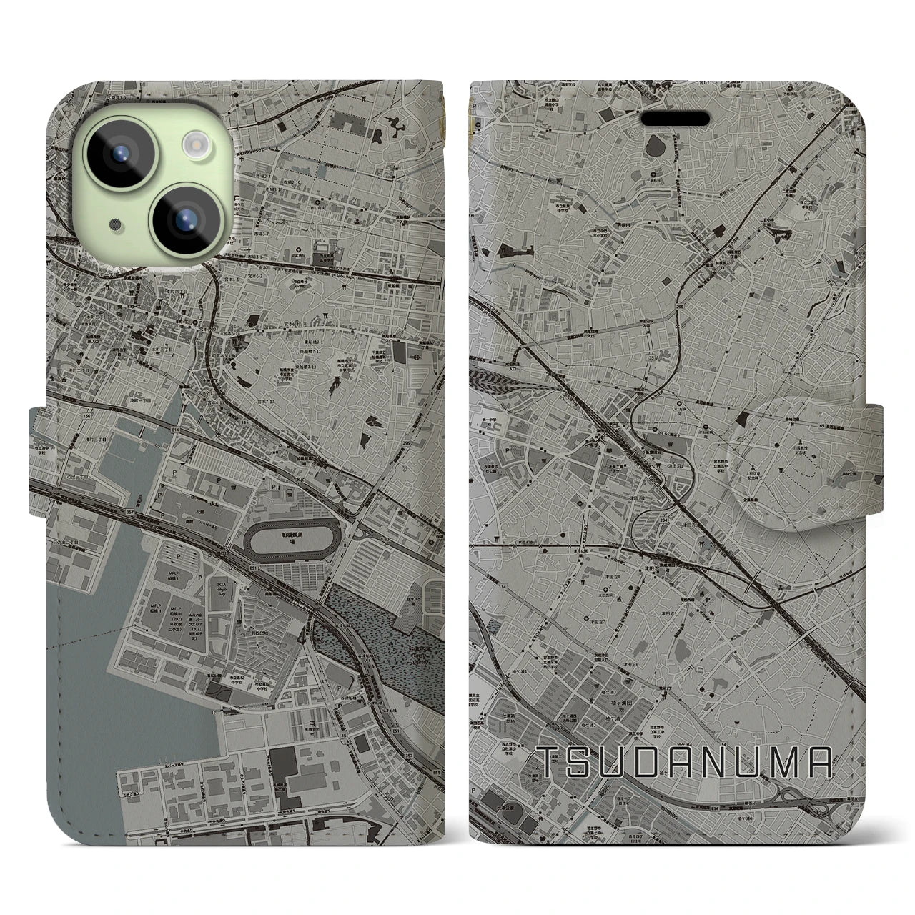 【津田沼(千葉県)】地図柄iPhoneケース(手帳タイプ)モノトーン・iPhone 15 用