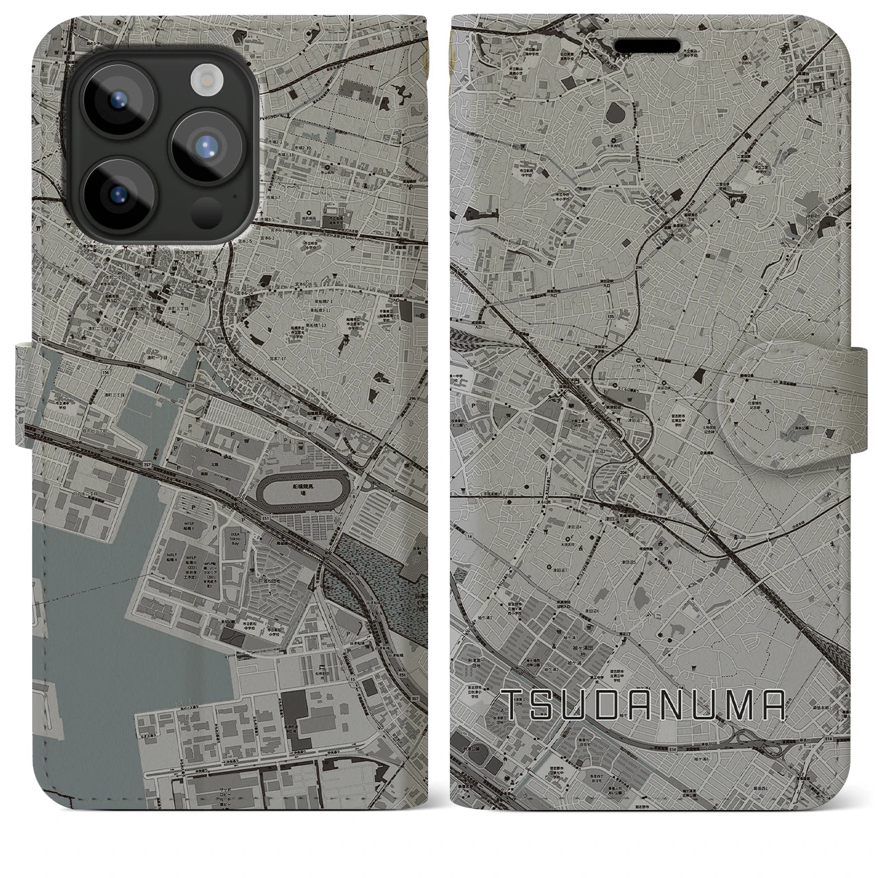 【津田沼(千葉県)】地図柄iPhoneケース(手帳タイプ)モノトーン・iPhone 15 Pro Max 用