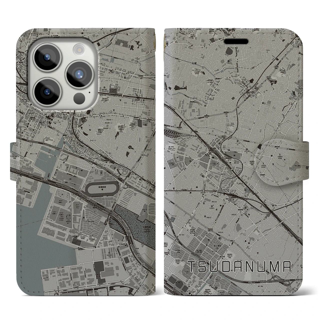 【津田沼(千葉県)】地図柄iPhoneケース(手帳タイプ)モノトーン・iPhone 15 Pro 用