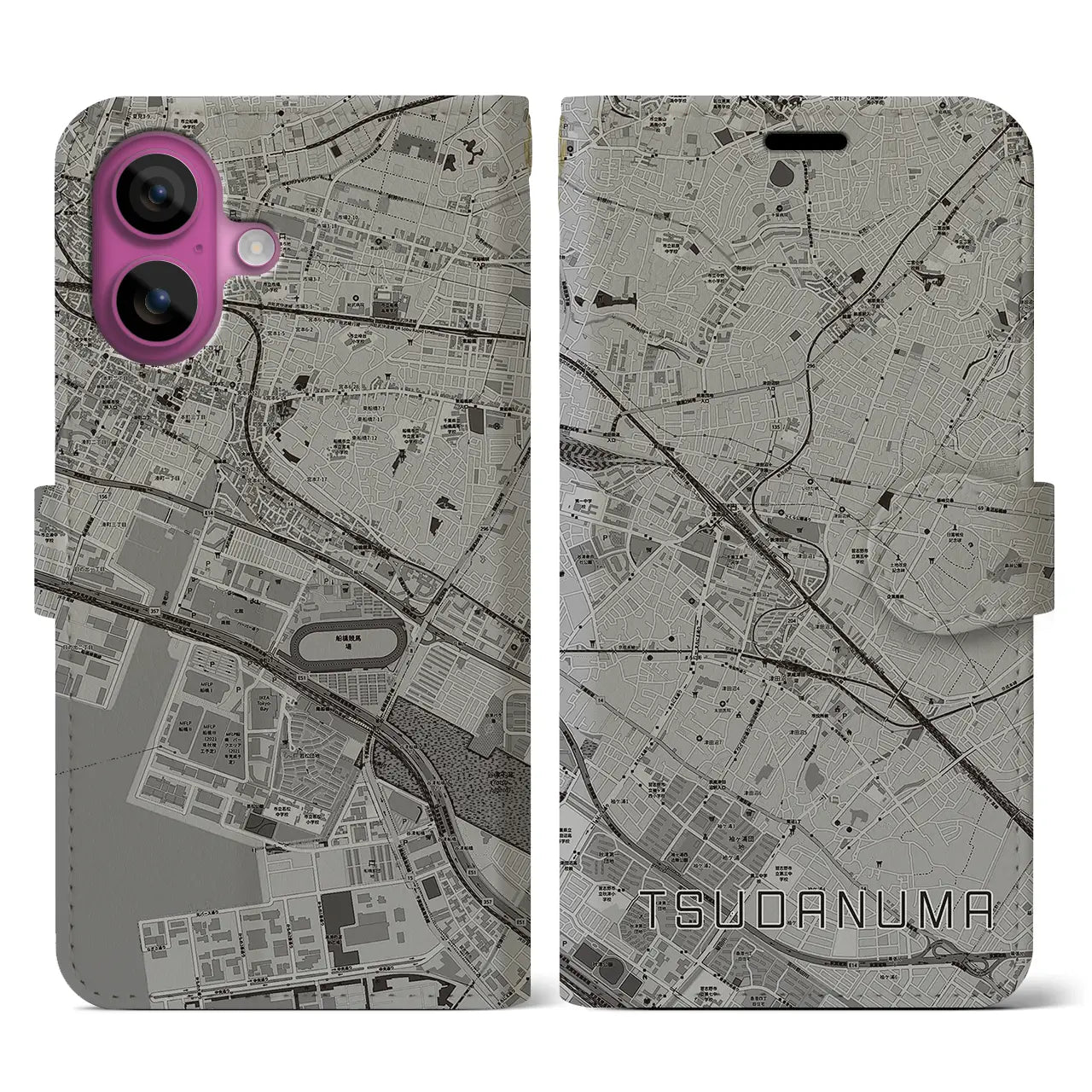【津田沼(千葉県)】地図柄iPhoneケース(手帳タイプ)モノトーン・iPhone 16 Pro 用