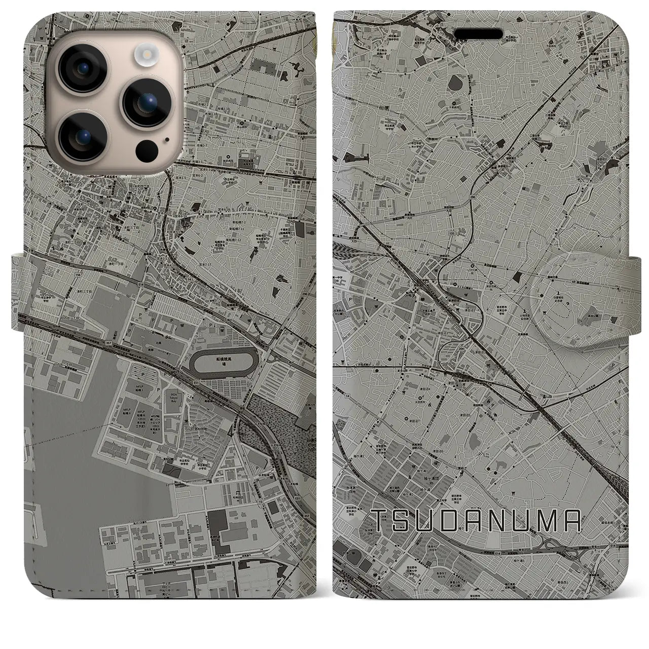 【津田沼(千葉県)】地図柄iPhoneケース(手帳タイプ)モノトーン・iPhone 16 Plus 用