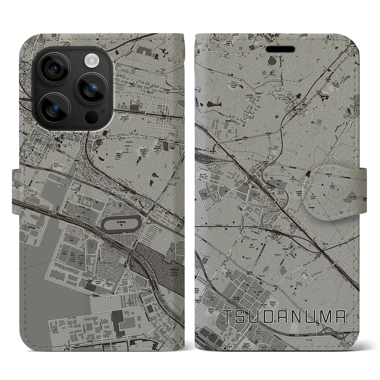 【津田沼(千葉県)】地図柄iPhoneケース(手帳タイプ)モノトーン・iPhone 16 用