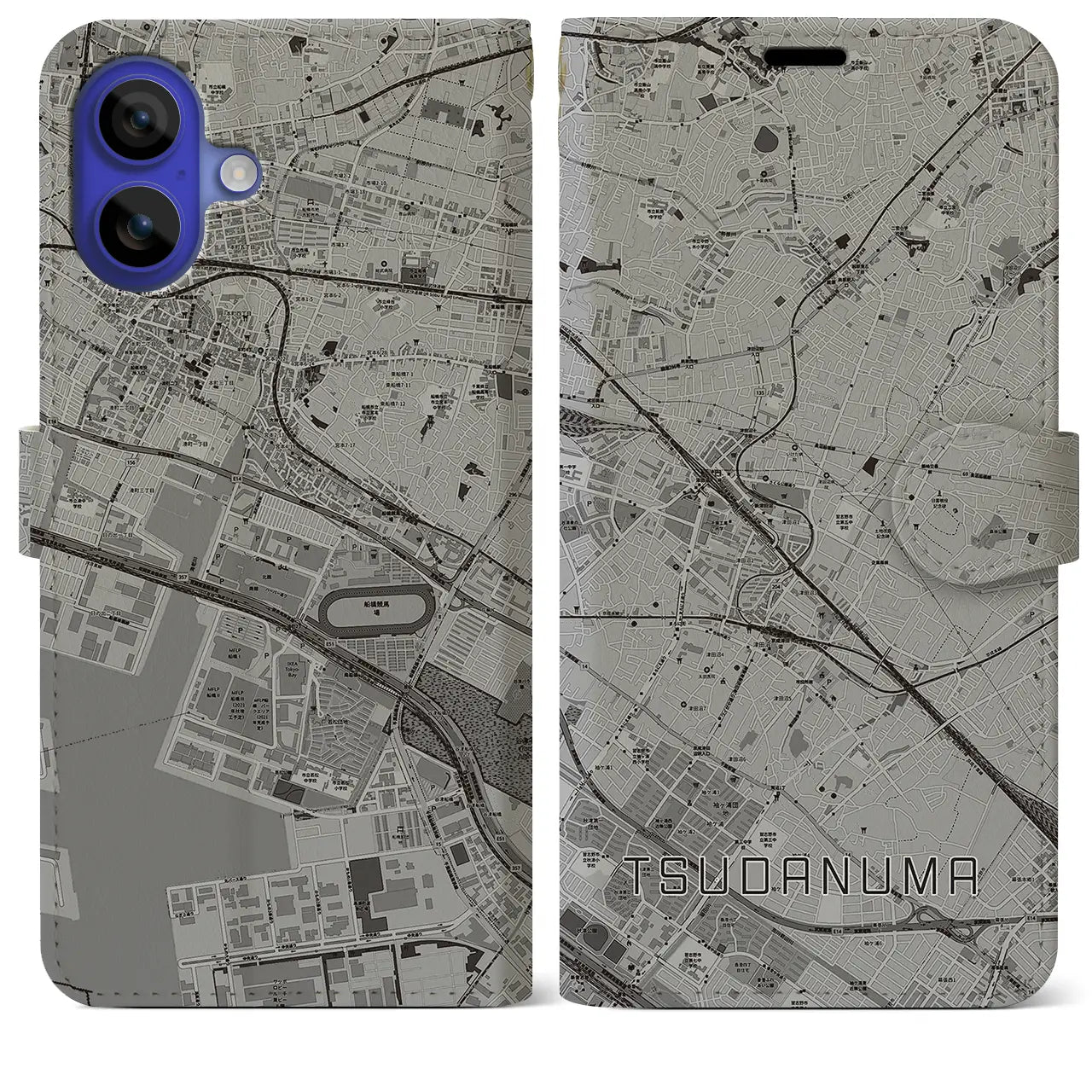【津田沼(千葉県)】地図柄iPhoneケース(手帳タイプ)モノトーン・iPhone 16 Pro Max 用