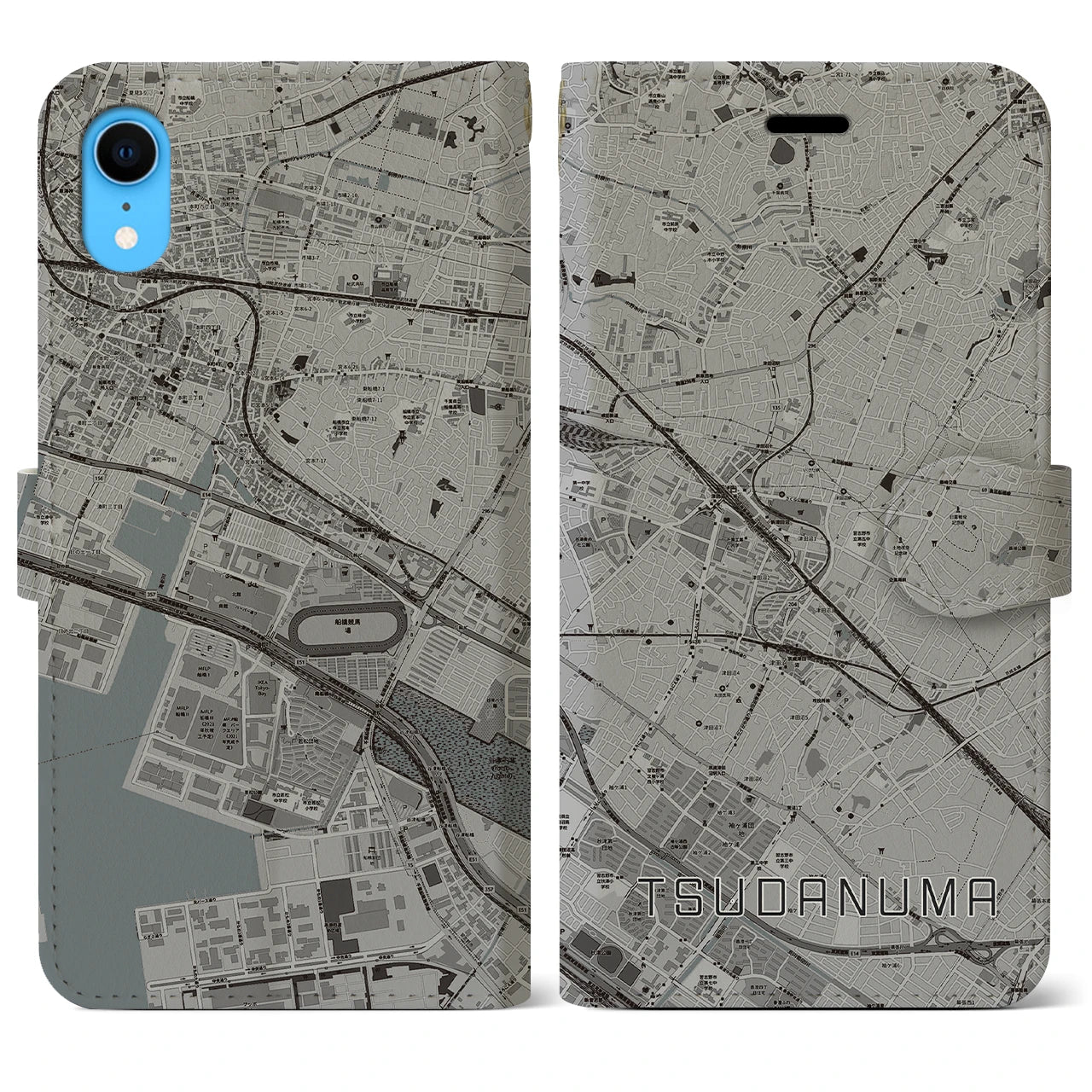 【津田沼(千葉県)】地図柄iPhoneケース(手帳タイプ)モノトーン・iPhone XR 用