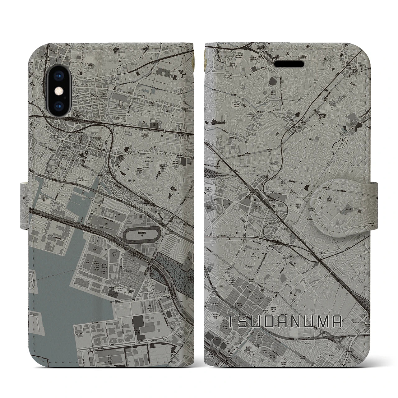 【津田沼(千葉県)】地図柄iPhoneケース(手帳タイプ)モノトーン・iPhone XS / X 用