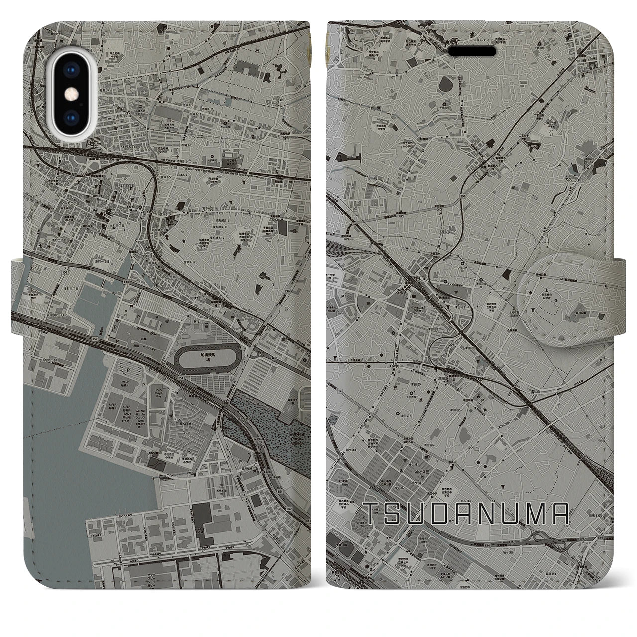 【津田沼(千葉県)】地図柄iPhoneケース(手帳タイプ)モノトーン・iPhone XS Max 用