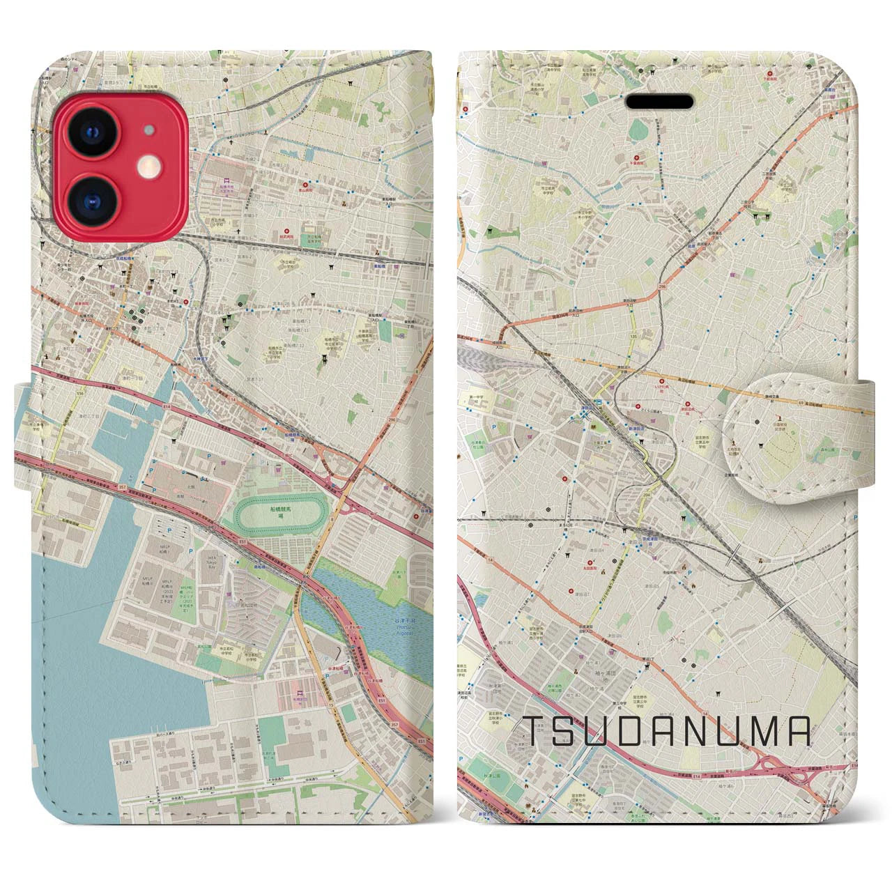 【津田沼(千葉県)】地図柄iPhoneケース(手帳タイプ)ナチュラル・iPhone 11 用