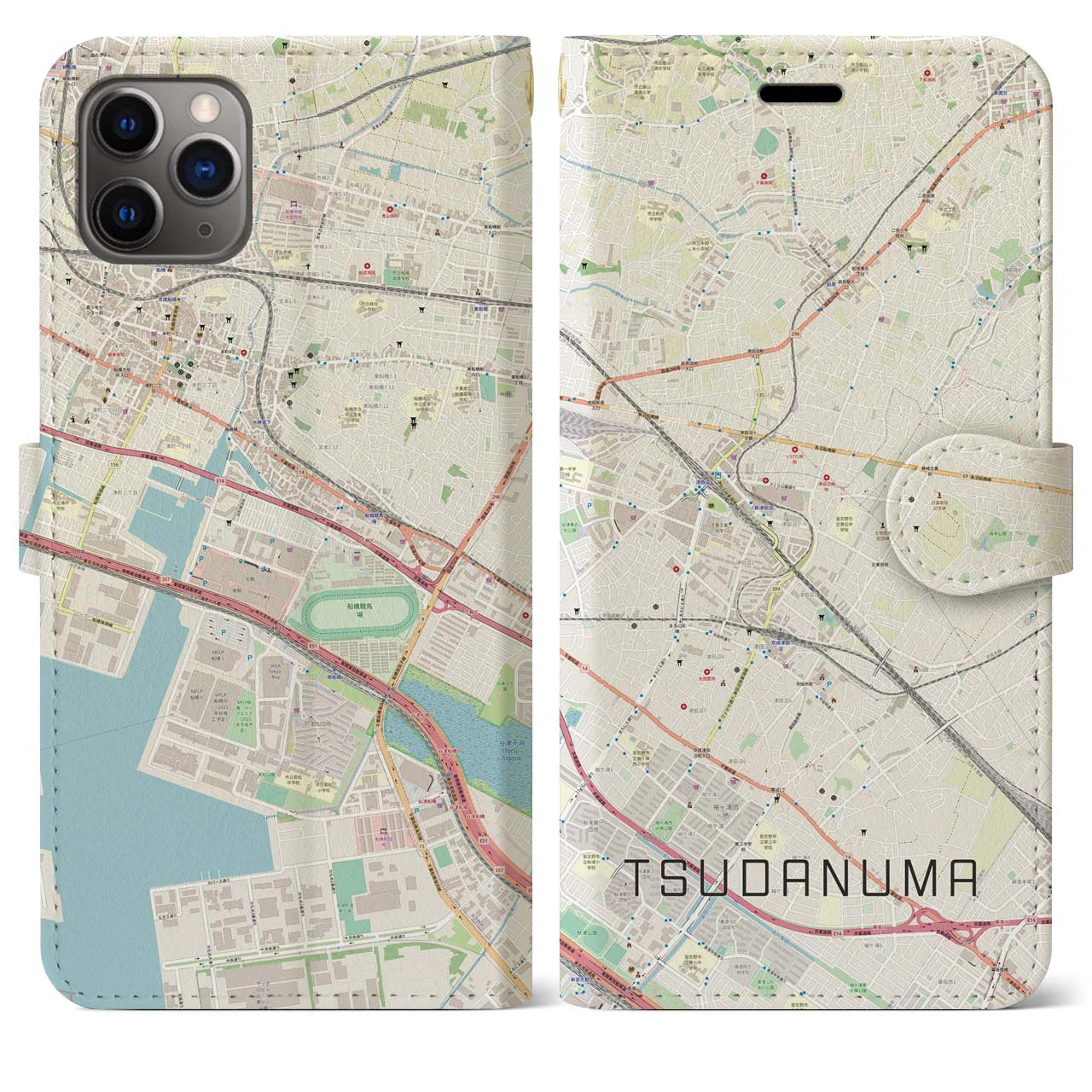 【津田沼(千葉県)】地図柄iPhoneケース(手帳タイプ)ナチュラル・iPhone 11 Pro Max 用