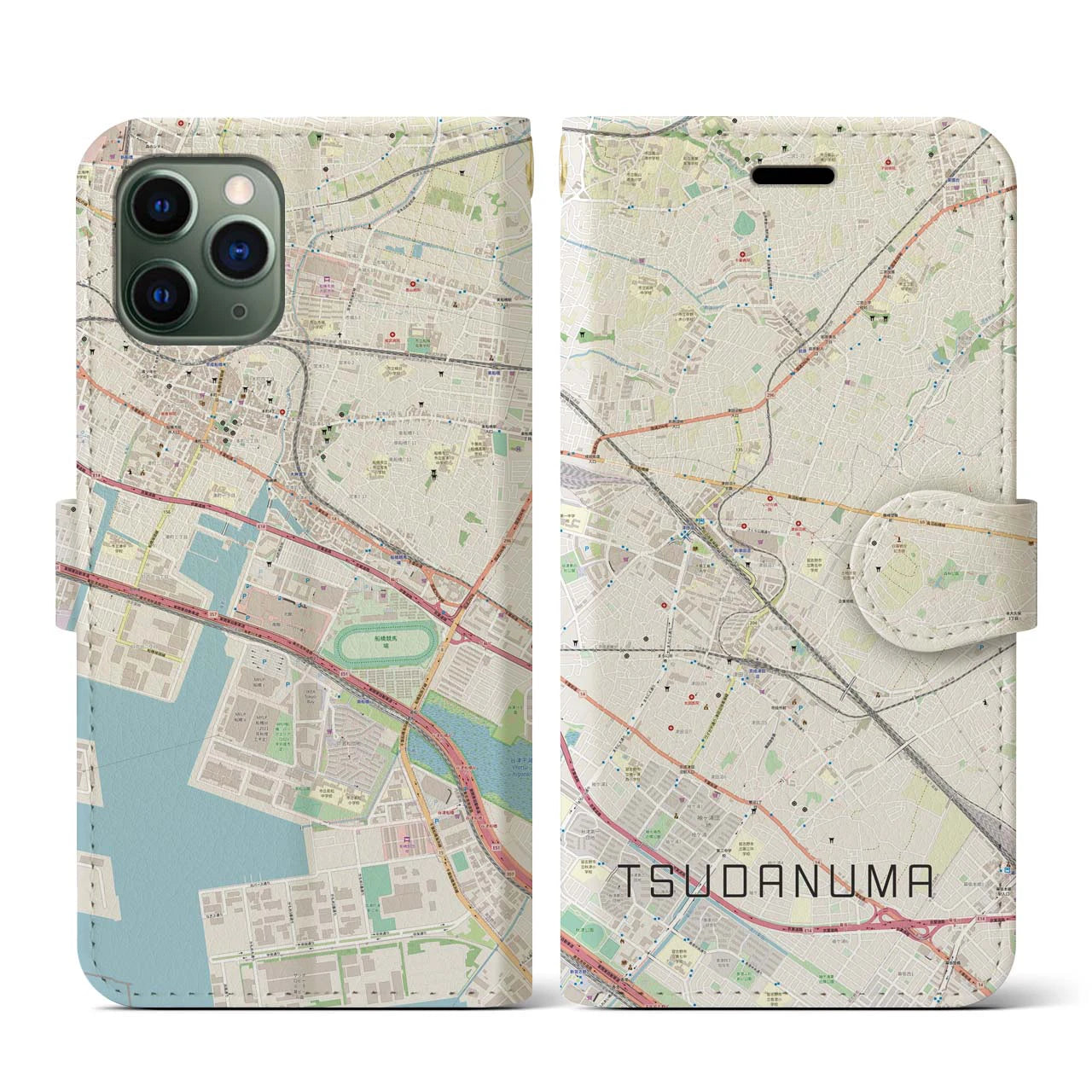 【津田沼(千葉県)】地図柄iPhoneケース(手帳タイプ)ナチュラル・iPhone 11 Pro 用