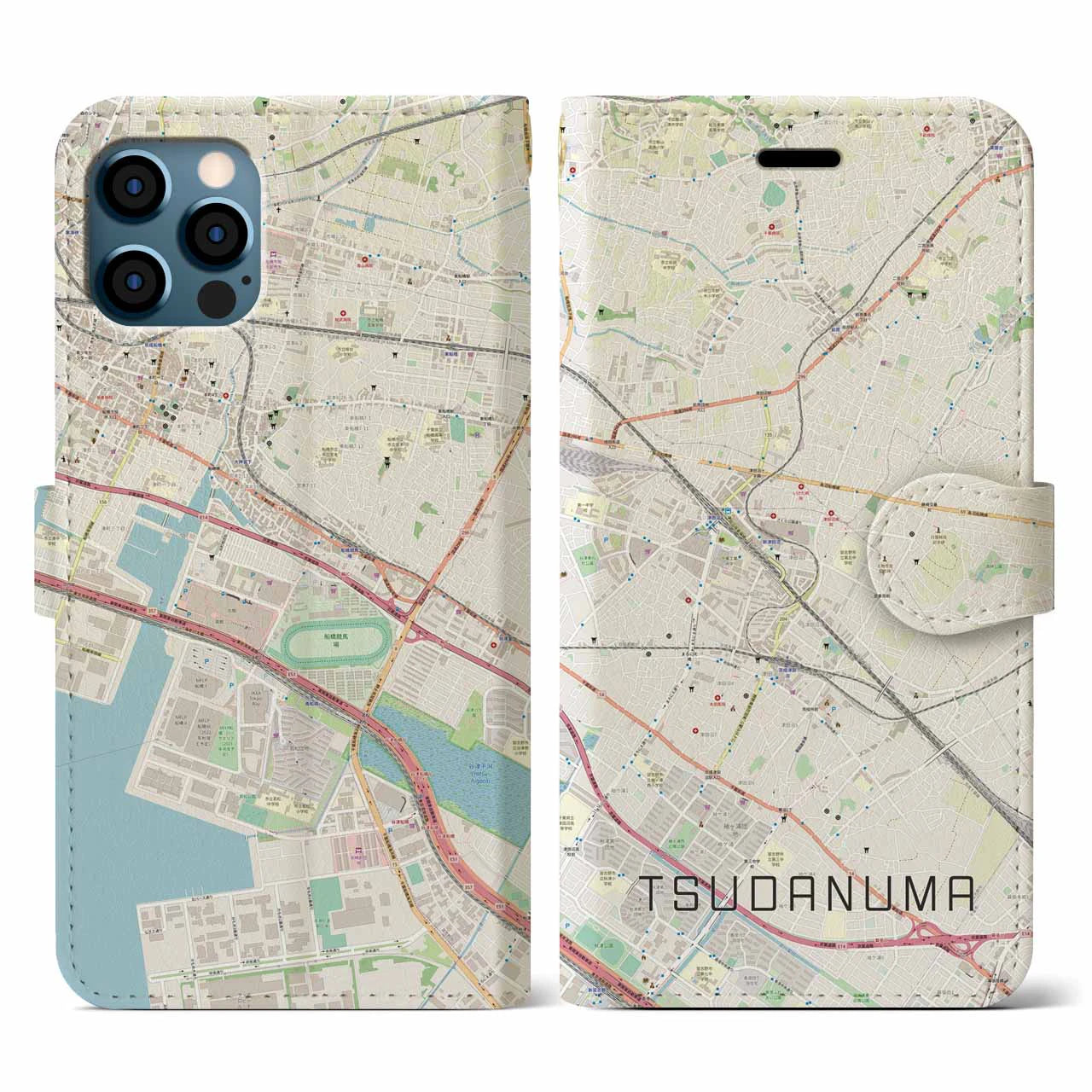 【津田沼(千葉県)】地図柄iPhoneケース(手帳タイプ)ナチュラル・iPhone 12 / 12 Pro 用