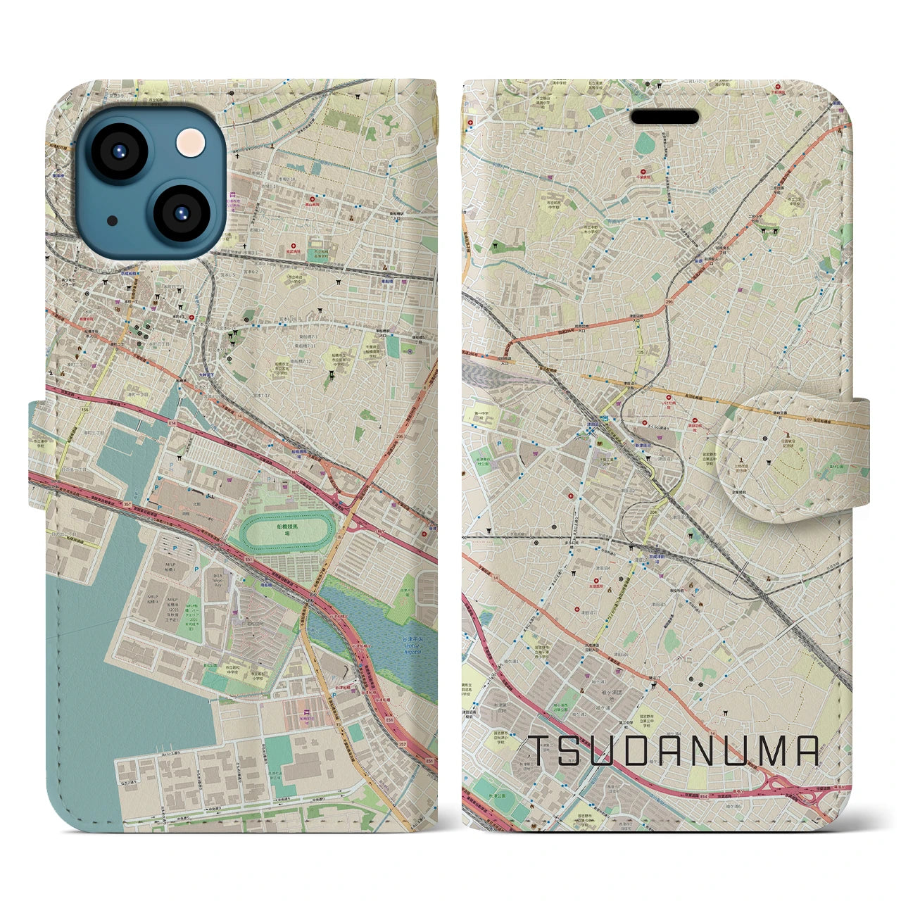 【津田沼(千葉県)】地図柄iPhoneケース(手帳タイプ)ナチュラル・iPhone 13 用