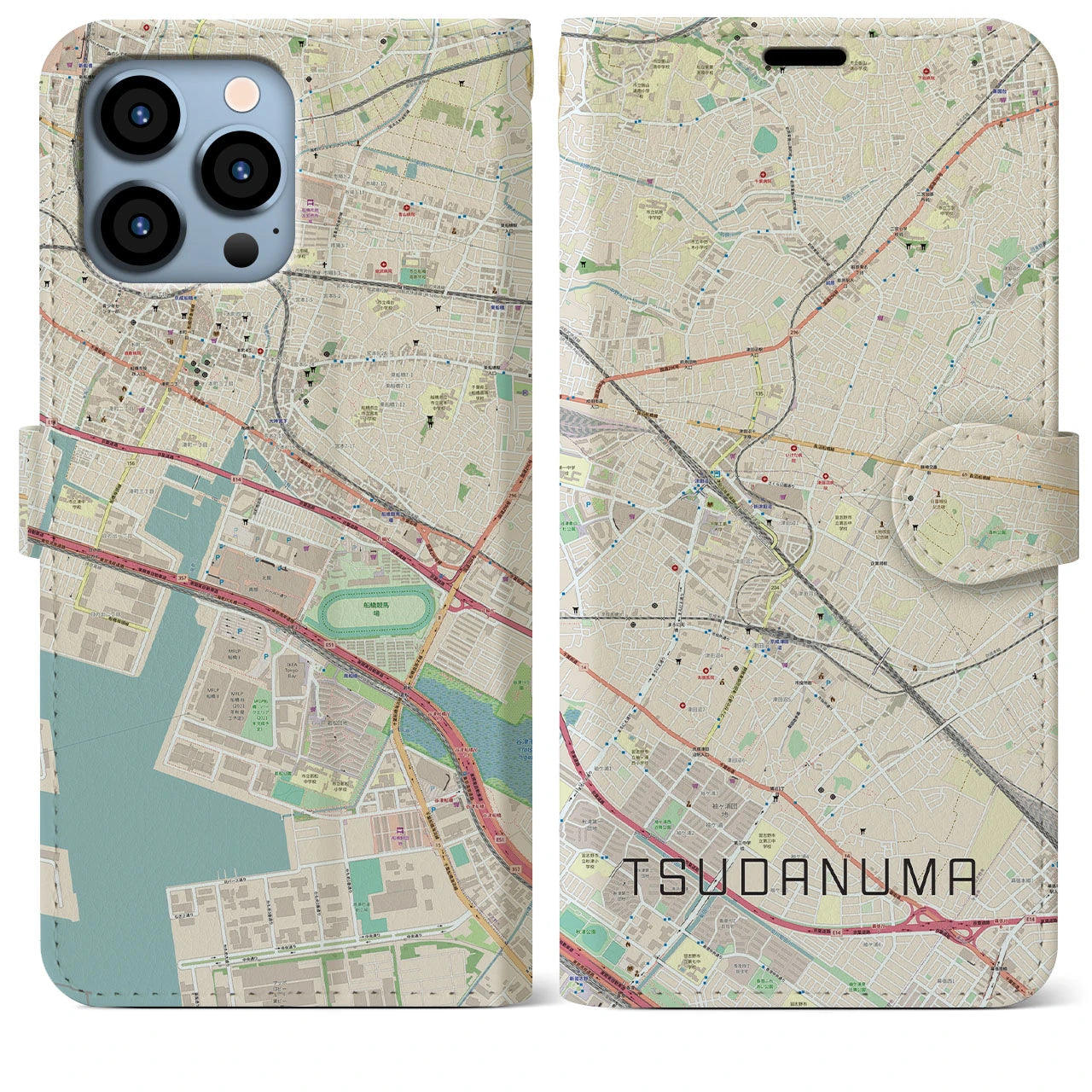 【津田沼(千葉県)】地図柄iPhoneケース(手帳タイプ)ナチュラル・iPhone 13 Pro Max 用