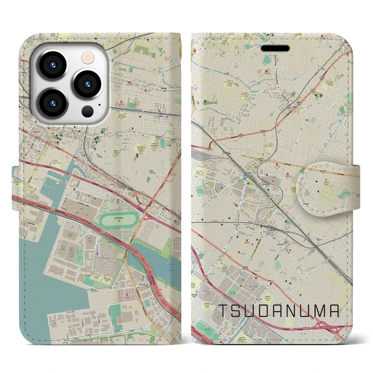 【津田沼(千葉県)】地図柄iPhoneケース(手帳タイプ)ナチュラル・iPhone 13 Pro 用