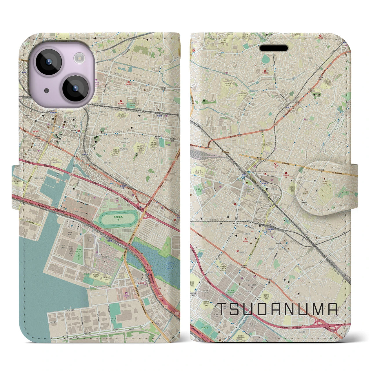 【津田沼(千葉県)】地図柄iPhoneケース(手帳タイプ)ナチュラル・iPhone 14 用