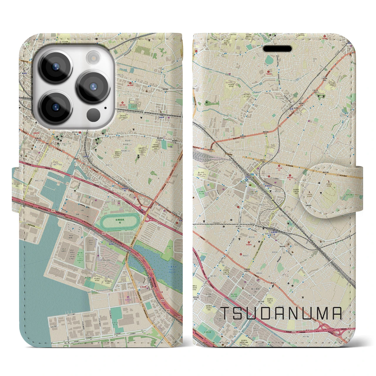 【津田沼(千葉県)】地図柄iPhoneケース(手帳タイプ)ナチュラル・iPhone 14 Pro 用