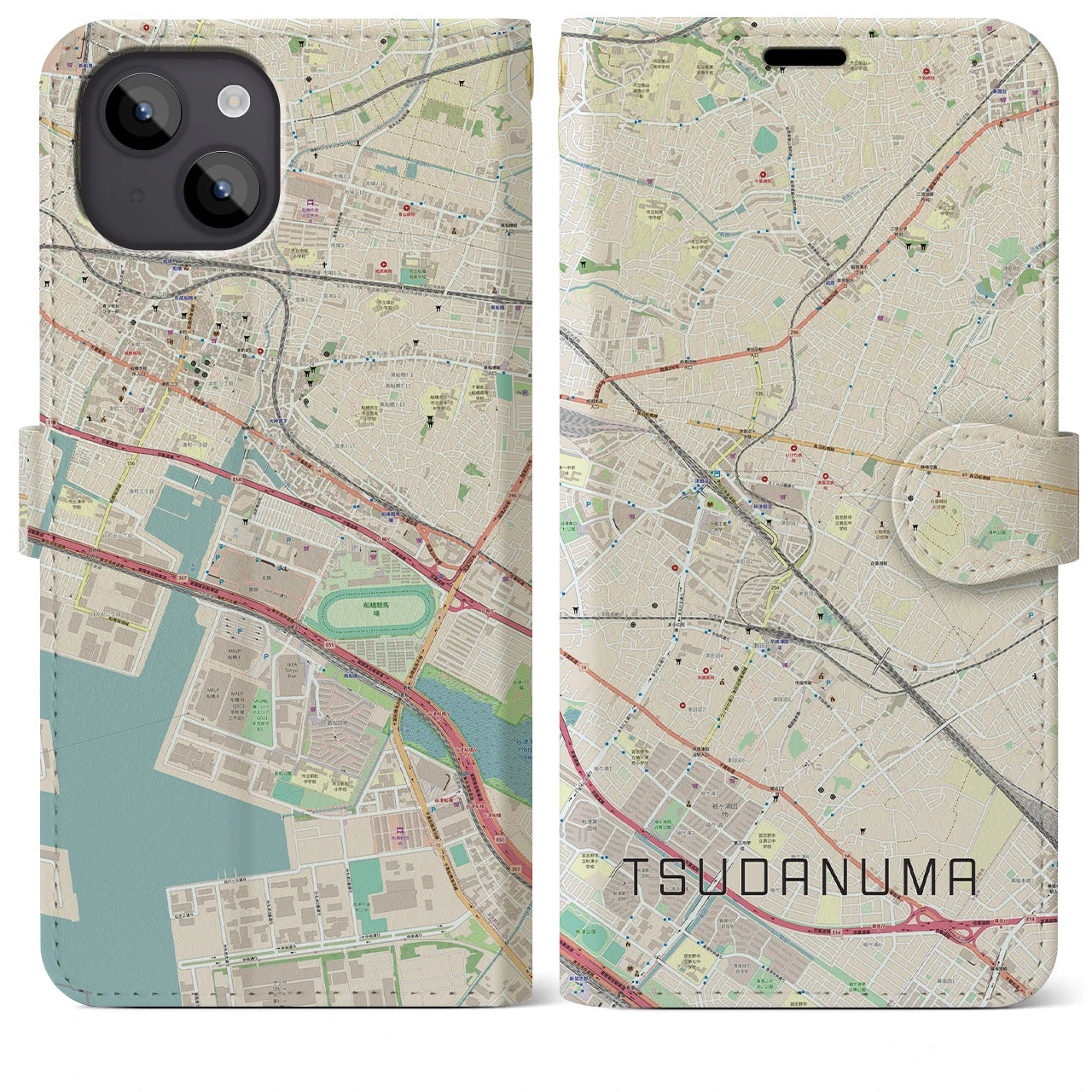 【津田沼(千葉県)】地図柄iPhoneケース(手帳タイプ)ナチュラル・iPhone 14 Plus 用