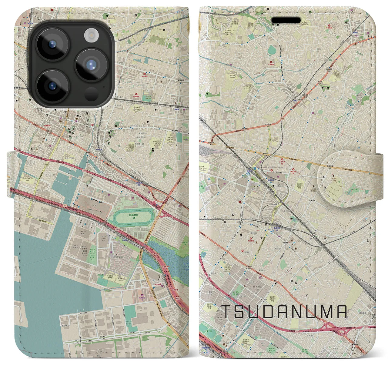 【津田沼(千葉県)】地図柄iPhoneケース(手帳タイプ)ナチュラル・iPhone 15 Pro Max 用