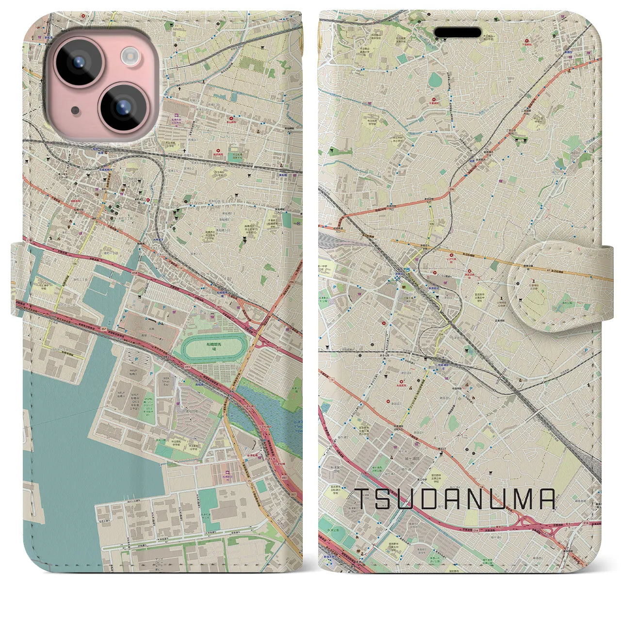 【津田沼(千葉県)】地図柄iPhoneケース(手帳タイプ)ナチュラル・iPhone 15 Plus 用