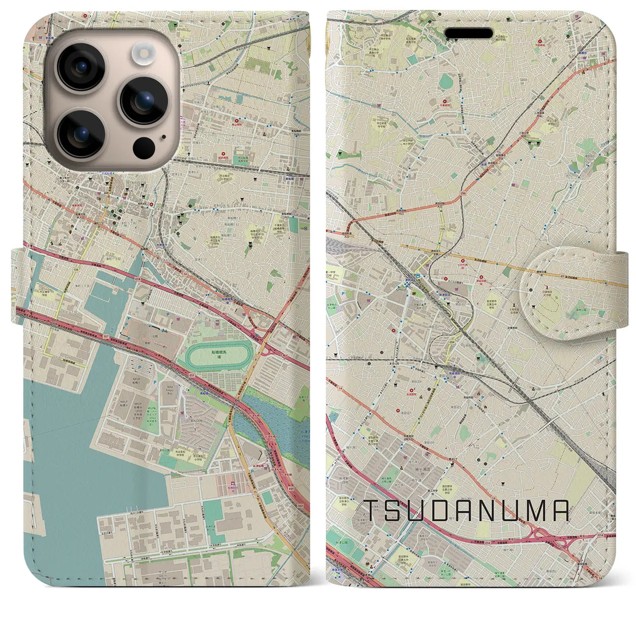 【津田沼(千葉県)】地図柄iPhoneケース(手帳タイプ)ナチュラル・iPhone 16 Plus 用