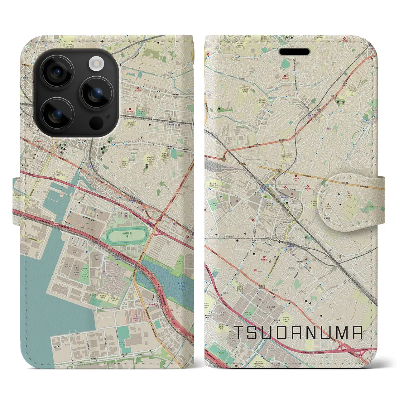 【津田沼(千葉県)】地図柄iPhoneケース(手帳タイプ)ナチュラル・iPhone 16 用