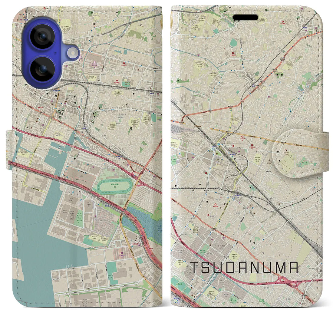 【津田沼(千葉県)】地図柄iPhoneケース(手帳タイプ)ナチュラル・iPhone 16 Pro Max 用