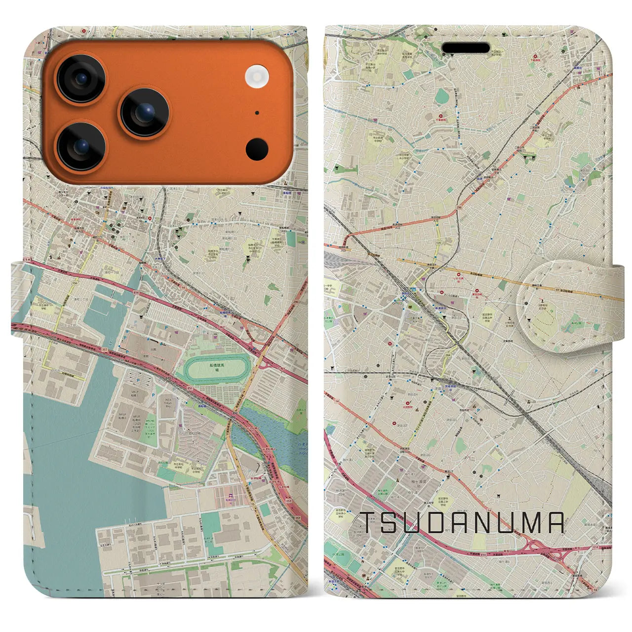 【津田沼(千葉県)】地図柄iPhoneケース(手帳タイプ)ナチュラル・iPhone 17 Pro Max 用