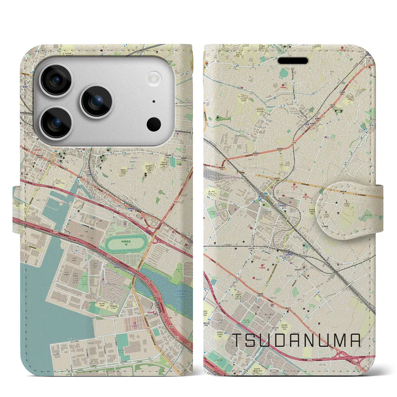 【津田沼(千葉県)】地図柄iPhoneケース(手帳タイプ)モノトーン・iPhone 17 Pro Max 用