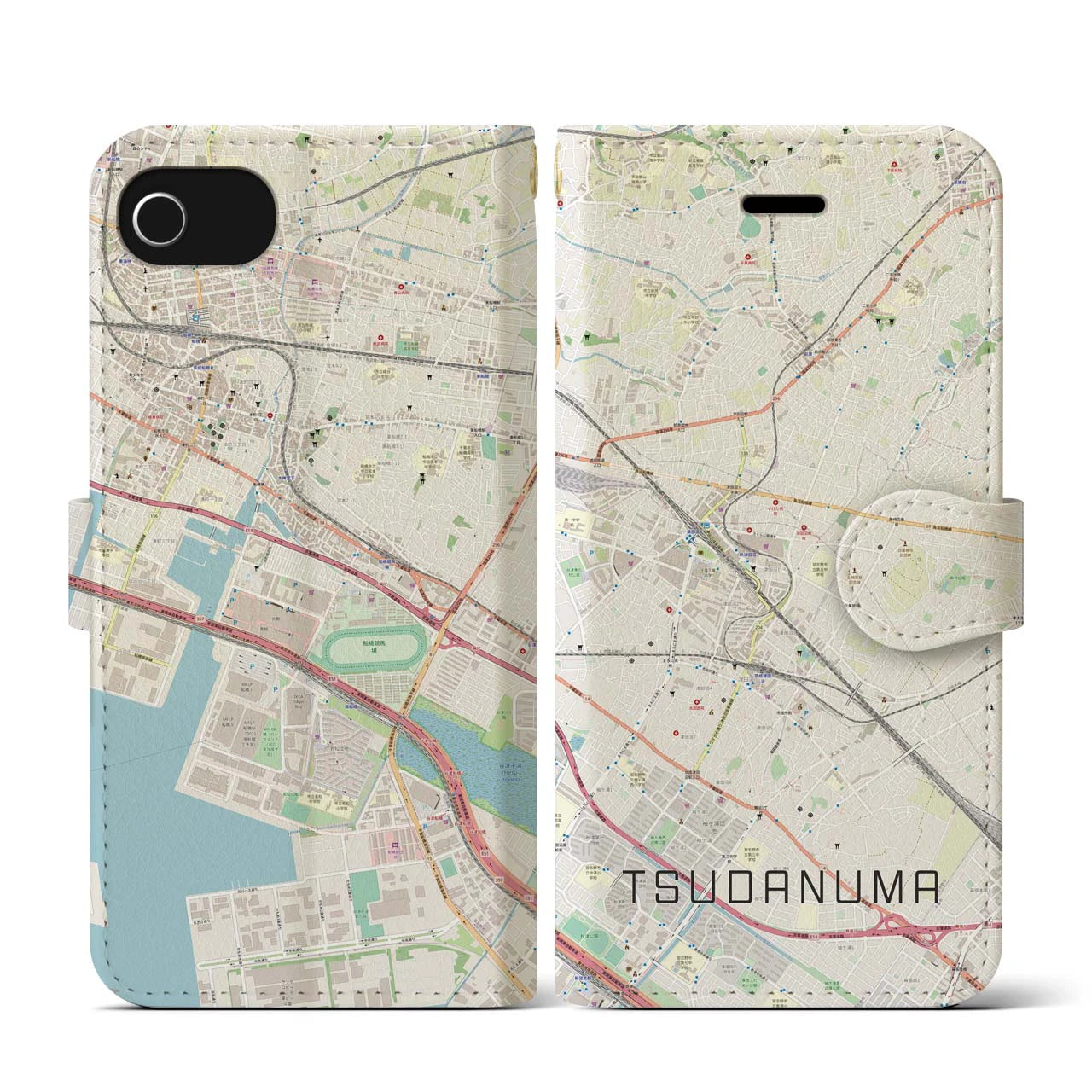 【津田沼(千葉県)】地図柄iPhoneケース(手帳タイプ)ナチュラル・iPhone SE(第3 / 第2世代) / 8 / 7 / 6s / 6 用