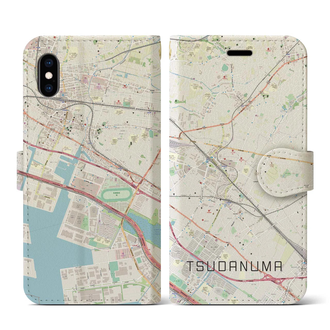 【津田沼(千葉県)】地図柄iPhoneケース(手帳タイプ)ナチュラル・iPhone XS / X 用