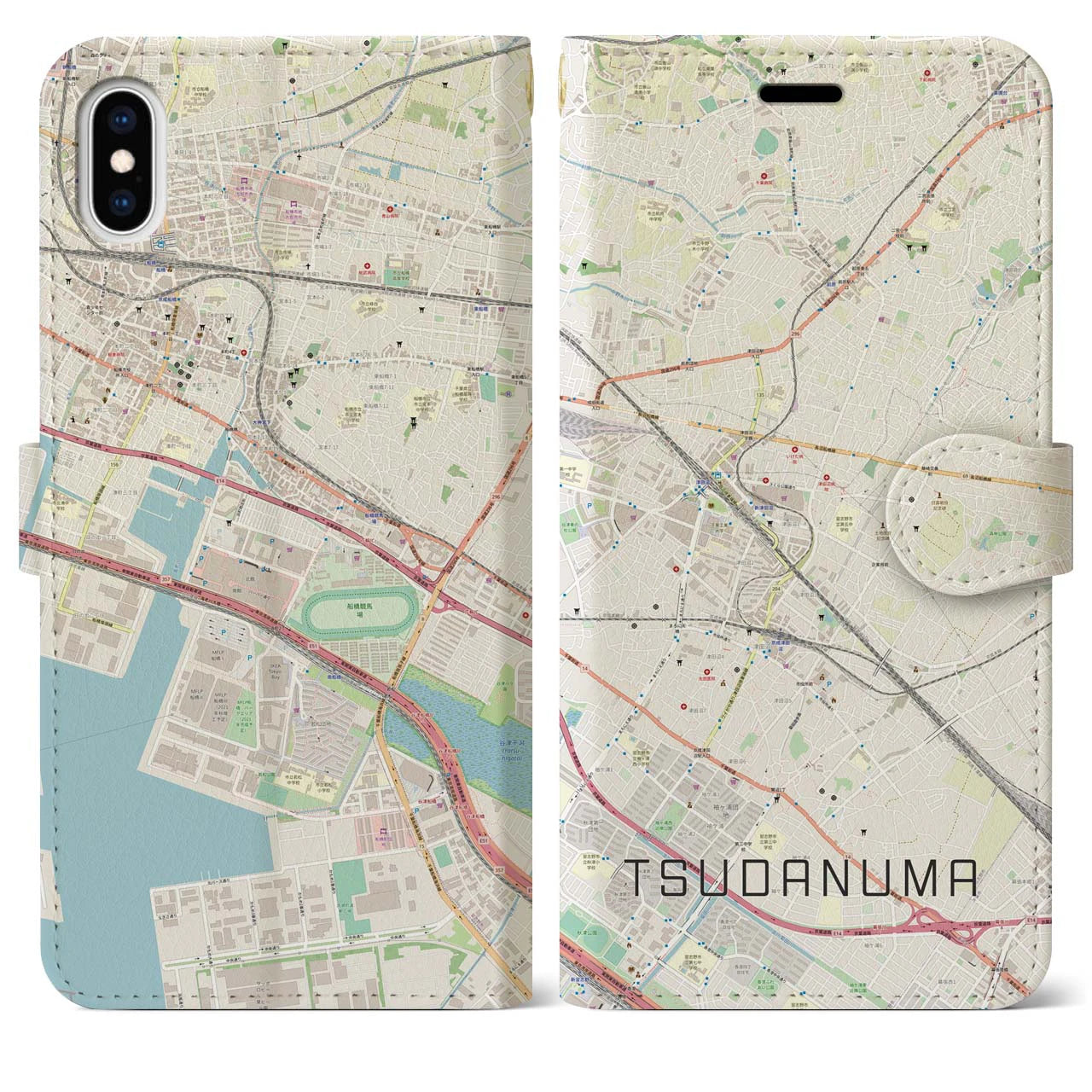 【津田沼(千葉県)】地図柄iPhoneケース(手帳タイプ)ナチュラル・iPhone XS Max 用