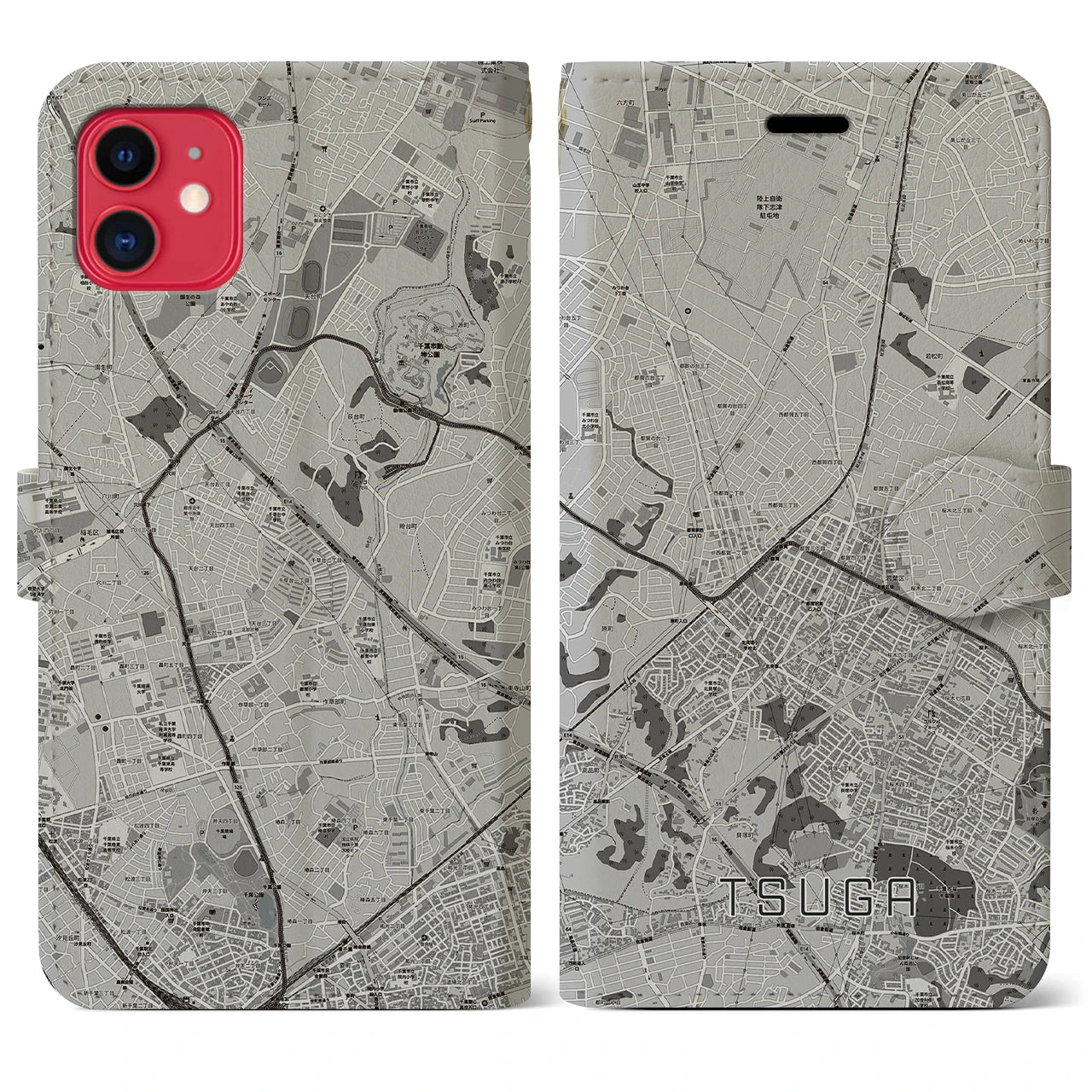 【都賀(千葉県)】地図柄iPhoneケース(手帳タイプ)モノトーン・iPhone 11 用