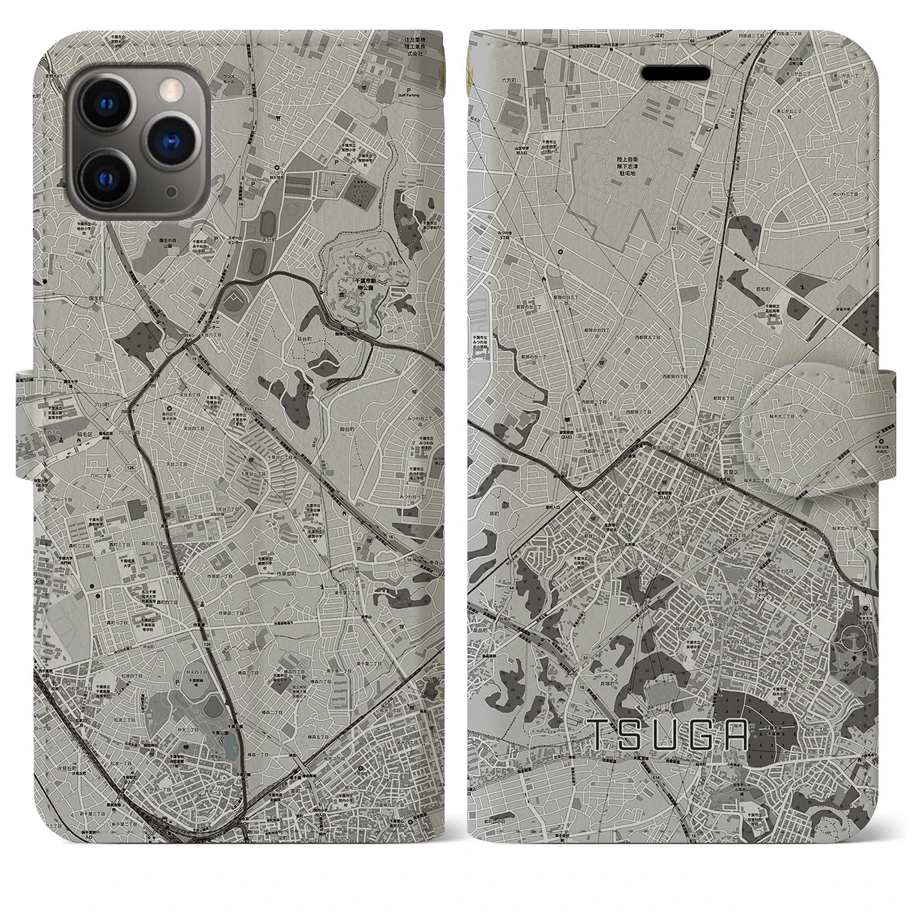 【都賀(千葉県)】地図柄iPhoneケース(手帳タイプ)モノトーン・iPhone 11 Pro Max 用