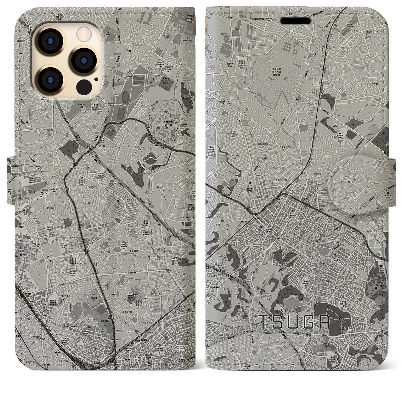【都賀(千葉県)】地図柄iPhoneケース(手帳タイプ)モノトーン・iPhone 12 Pro Max 用
