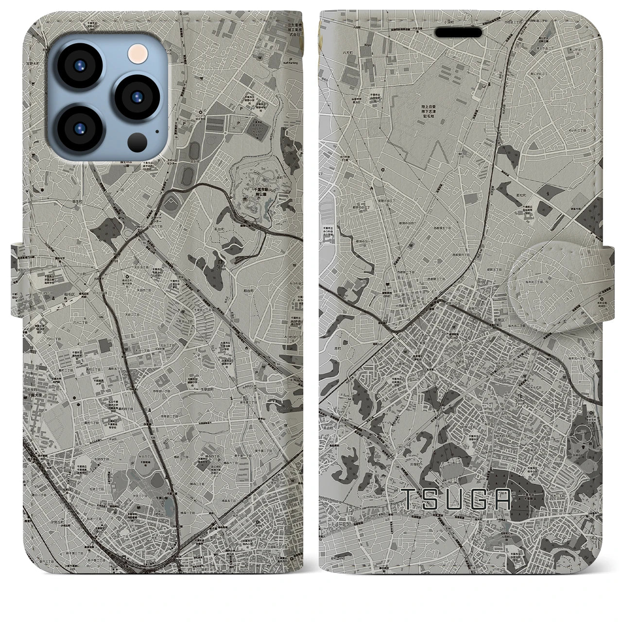 【都賀(千葉県)】地図柄iPhoneケース(手帳タイプ)モノトーン・iPhone 13 Pro Max 用