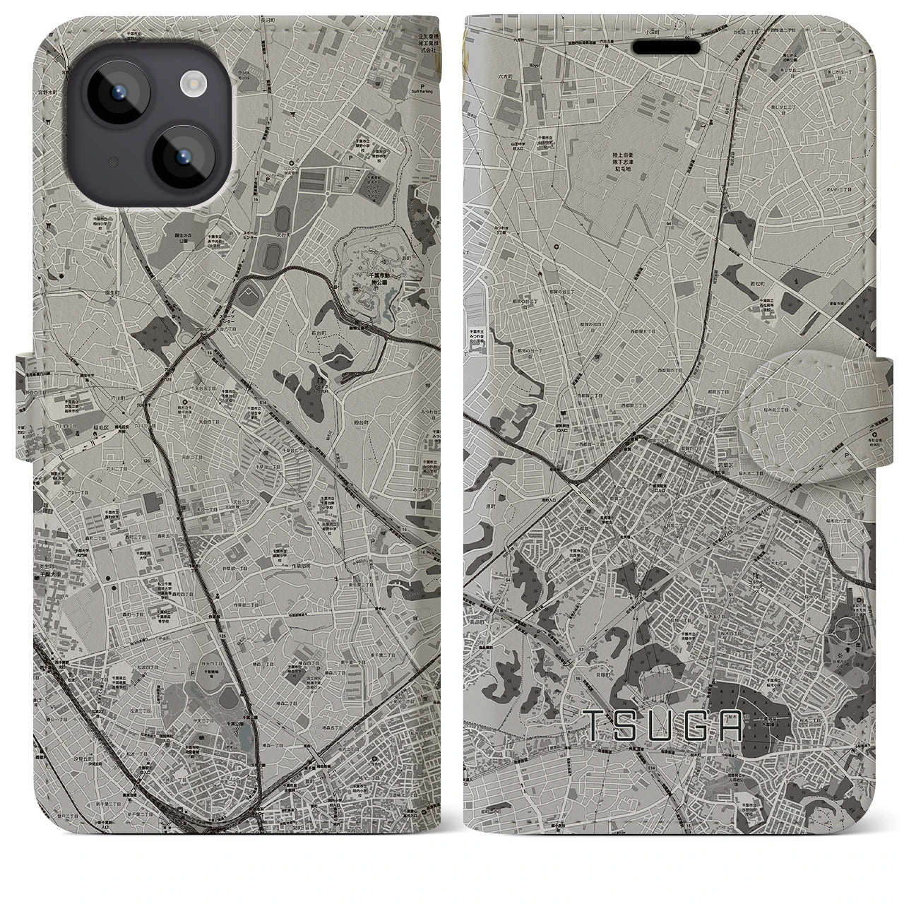【都賀(千葉県)】地図柄iPhoneケース(手帳タイプ)モノトーン・iPhone 14 Plus 用