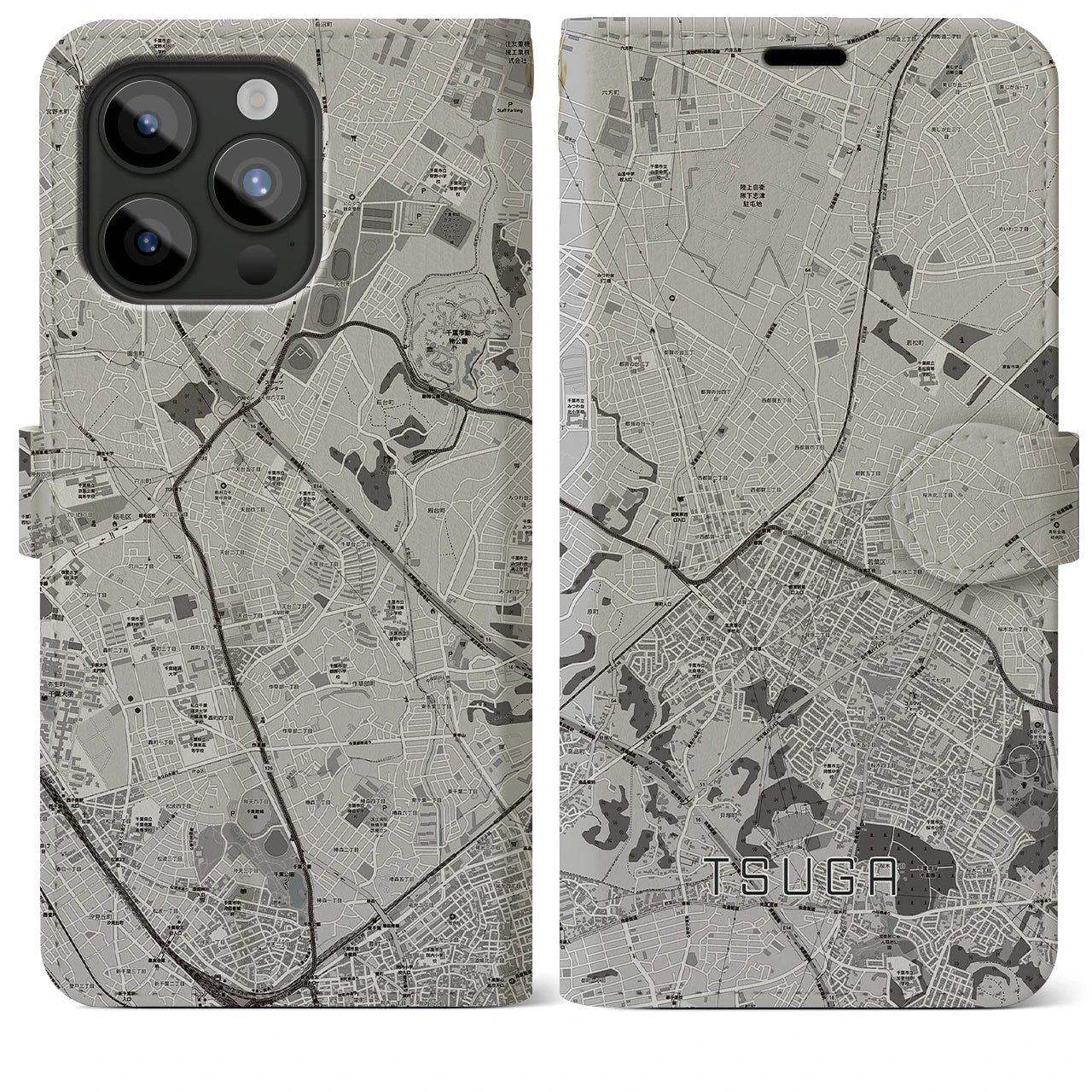 【都賀(千葉県)】地図柄iPhoneケース(手帳タイプ)モノトーン・iPhone 15 Pro Max 用