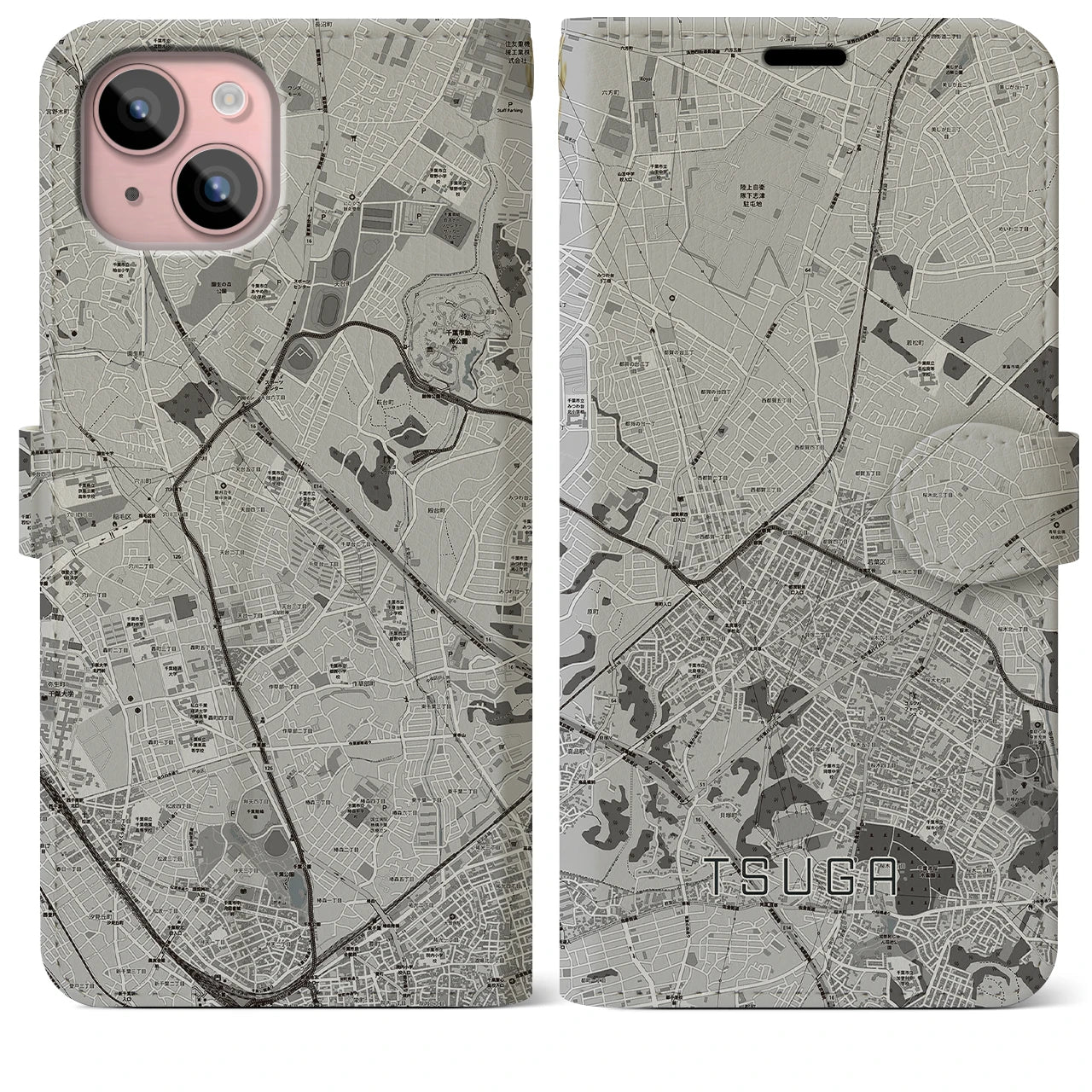【都賀(千葉県)】地図柄iPhoneケース(手帳タイプ)モノトーン・iPhone 15 Plus 用