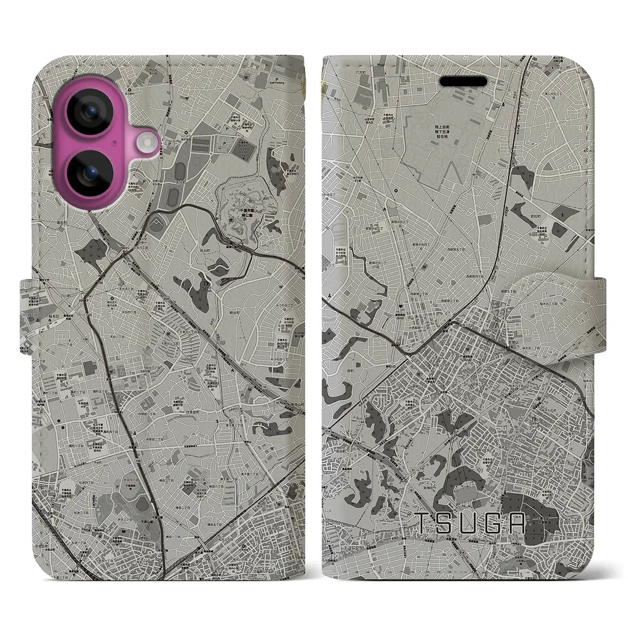 【都賀(千葉県)】地図柄iPhoneケース(手帳タイプ)モノトーン・iPhone 16 Pro 用