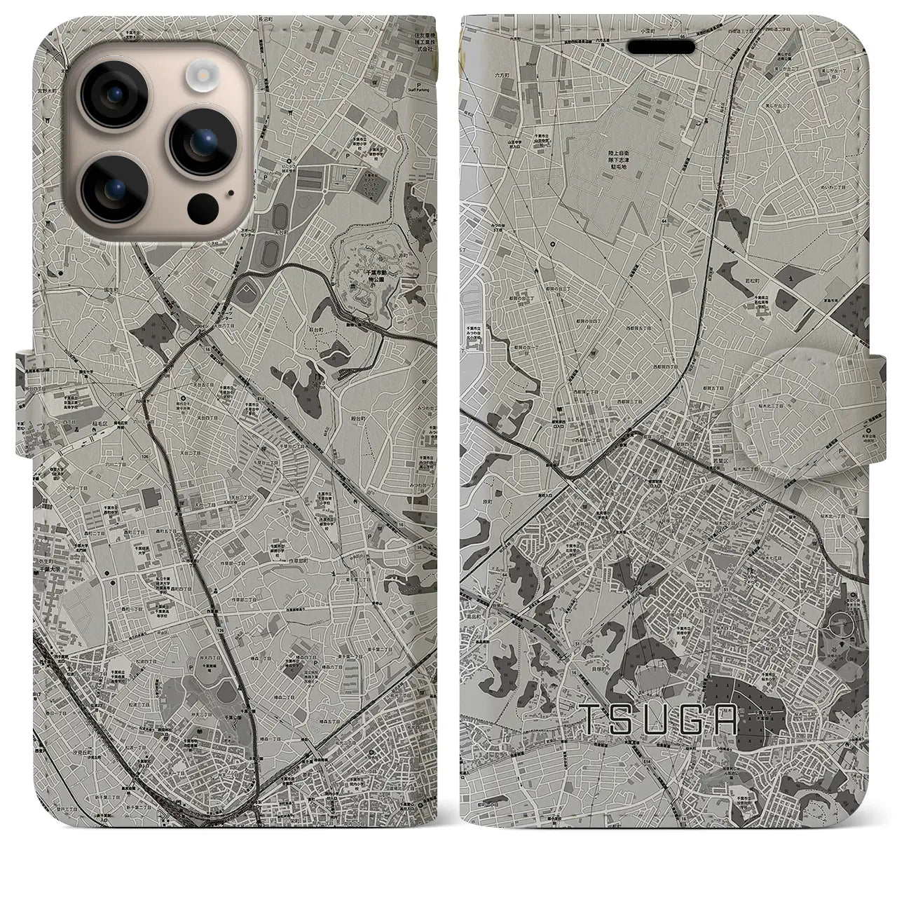 【都賀(千葉県)】地図柄iPhoneケース(手帳タイプ)モノトーン・iPhone 16 Plus 用