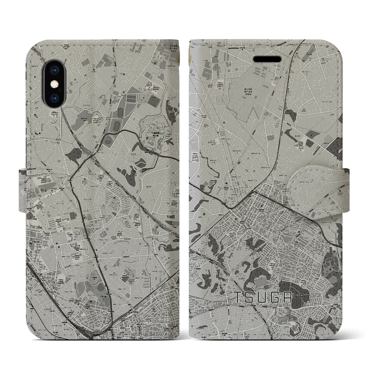 【都賀(千葉県)】地図柄iPhoneケース(手帳タイプ)モノトーン・iPhone XS / X 用