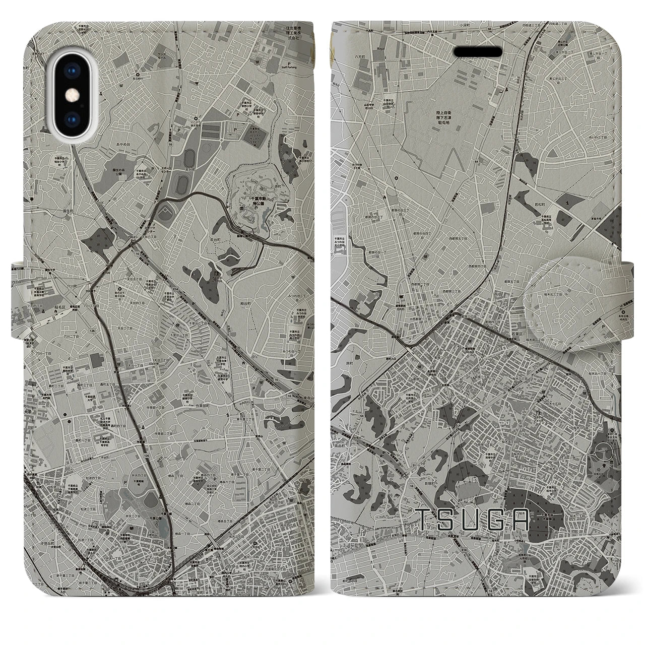 【都賀(千葉県)】地図柄iPhoneケース(手帳タイプ)モノトーン・iPhone XS Max 用