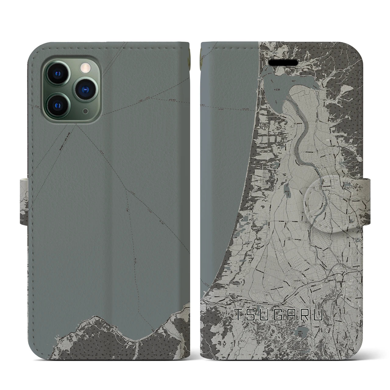 【つがる(青森県)】地図柄iPhoneケース(手帳タイプ)モノトーン・iPhone 11 Pro 用